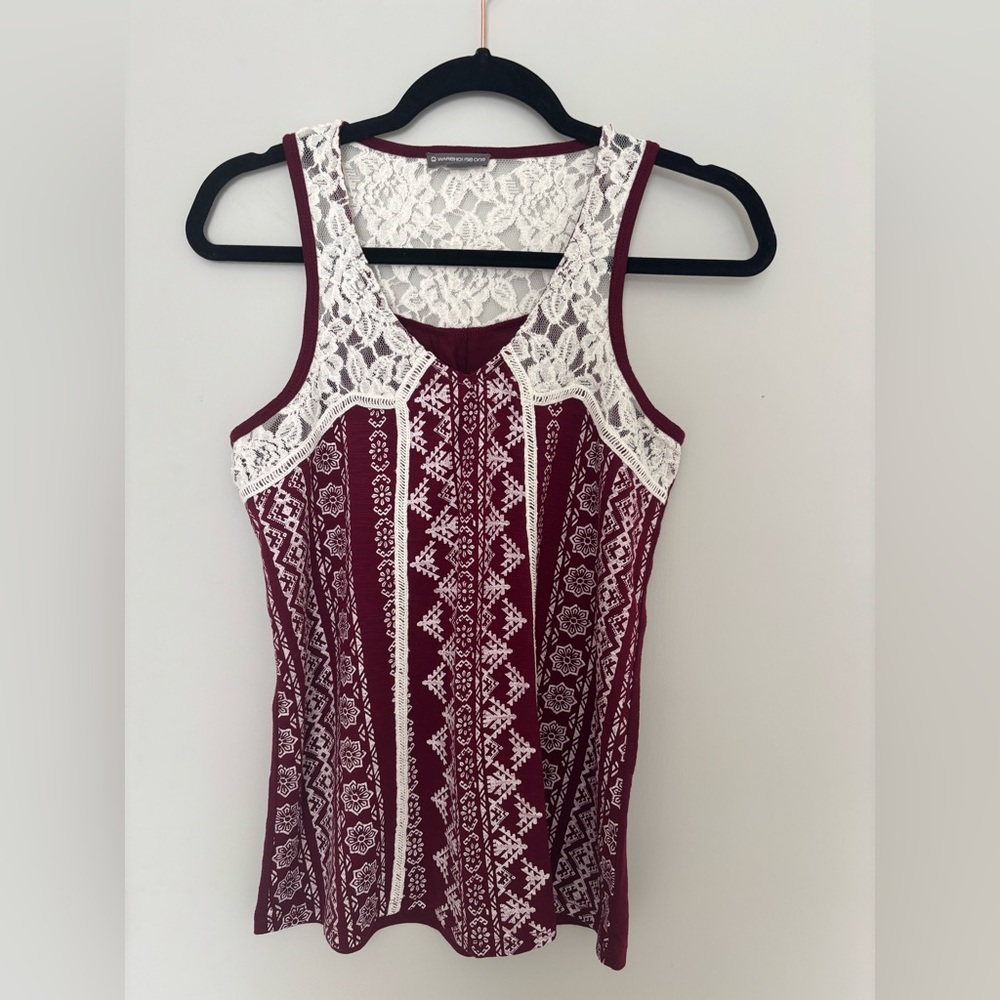 NEW Warehouse One Elegant Lace Detail Burgundy Tank Top with Aztec pattern US XS